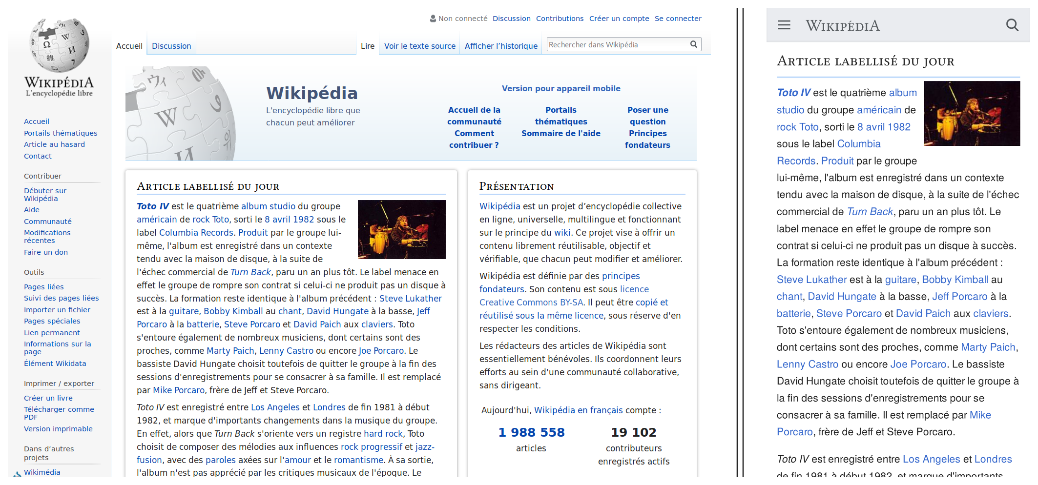 Différence entre l'affichage de Wikipédia sur un écran d'ordinateur et un téléphone portable